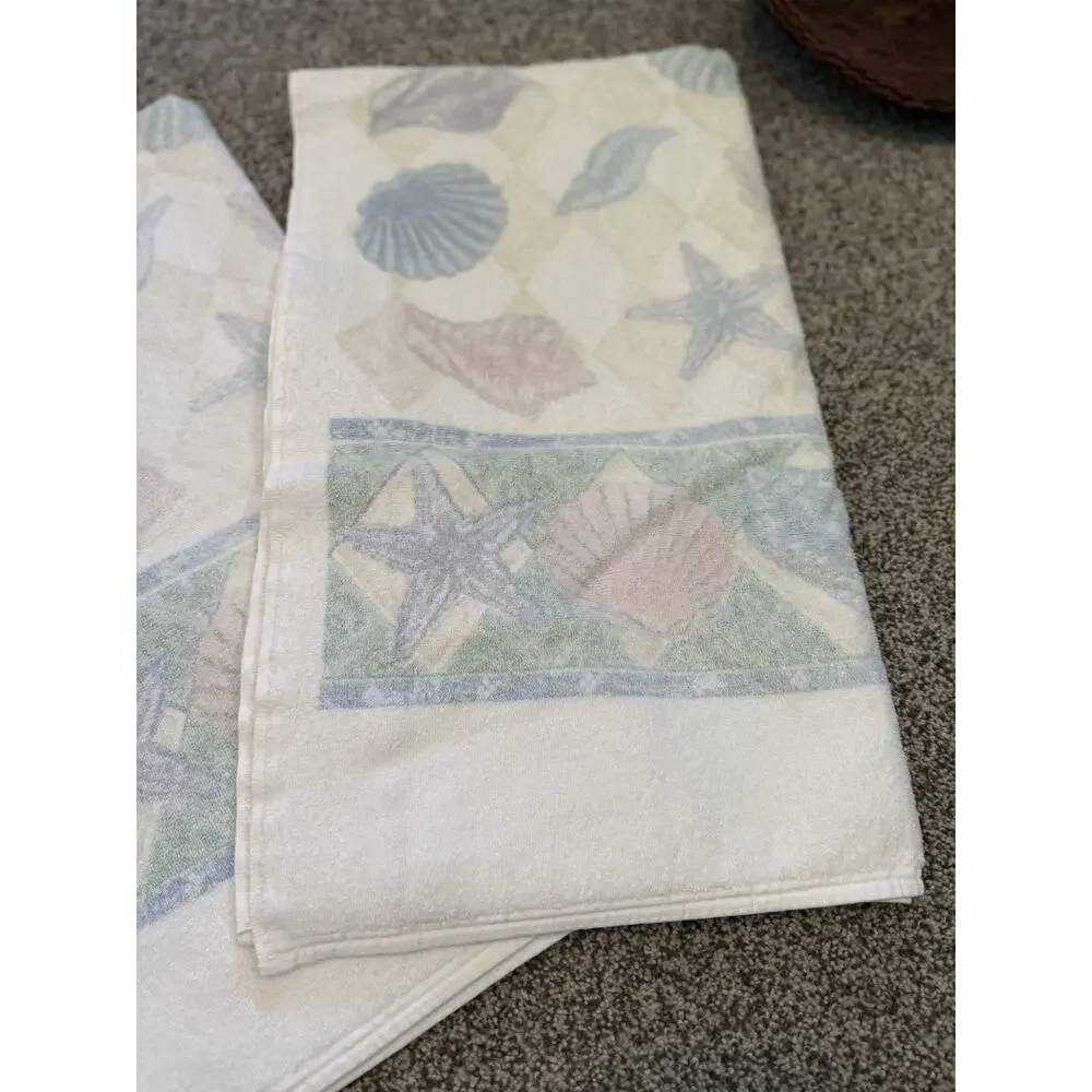 Vintage 90s Seashell Print Bath Towel Set Cotton Peach Blue Cream Mermaid Pastel